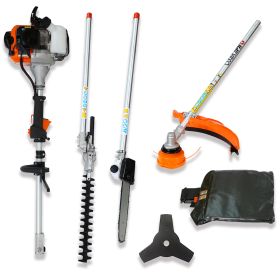 4 in 1 Multi-Functional Trimming Tool; 52CC 2-Cycle Garden Tool System with Gas Pole Saw; Hedge Trimmer; Grass Trimmer; and Brush Cutter EPA Compliant