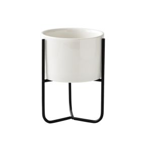 Gold-plated Iron Vase Simple Iron Frame Ceramic Flower Pot (Option: Black Frame Low Basin-Perforated)